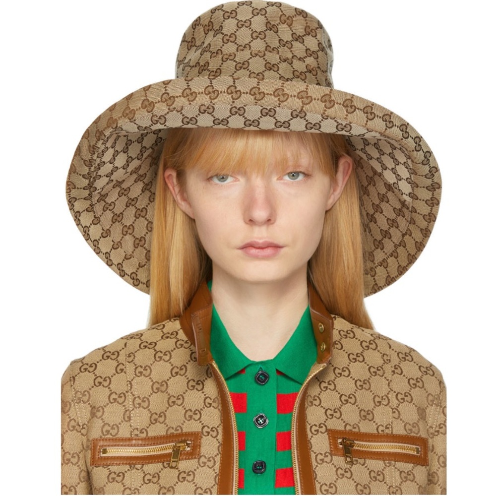 Monogram Bucket Hat Wide Large Brim Beige Canvas Jacquard Sun Tan Coverage New - Picture 11 of 16